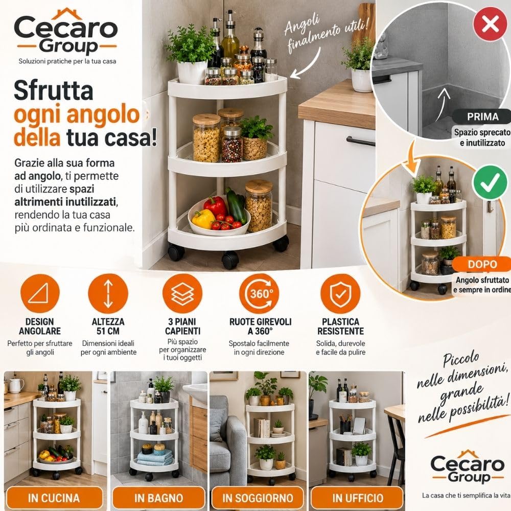 Cecaro Group carrello angoliera bianco 3 ripiani con ruote