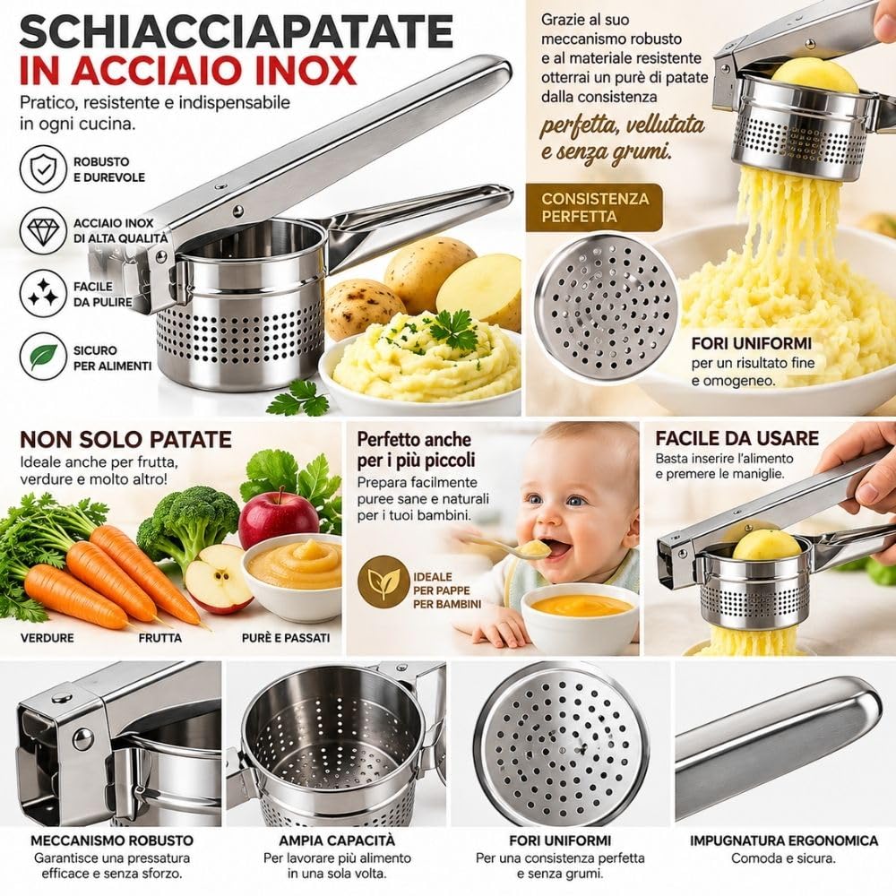 Cecaro Group Schiacciapatate Acciaio Inox Manici Ergonomici