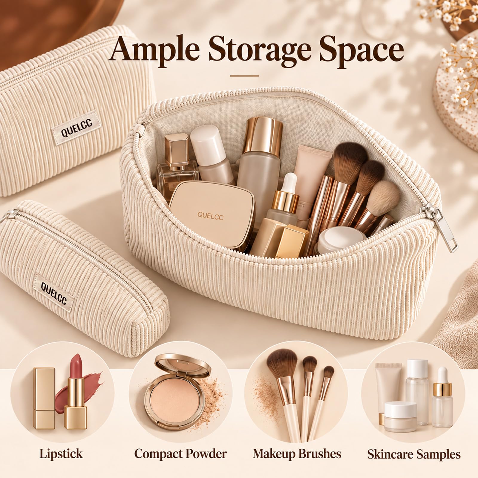 Quelcc Beauty Case Donna 3 Pezzi Beige con Cerniera