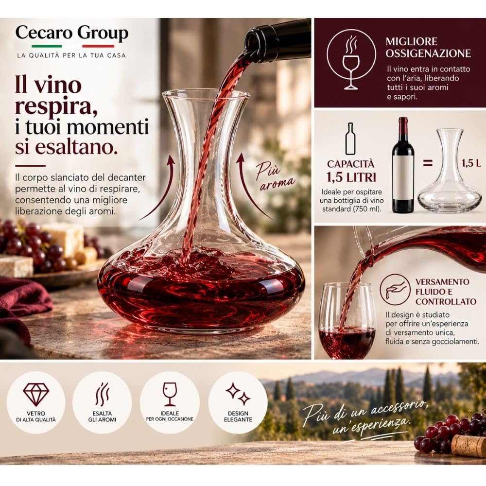 Cecaro Group Decanter Vino 1,5 L in vetro con collo slanciato
