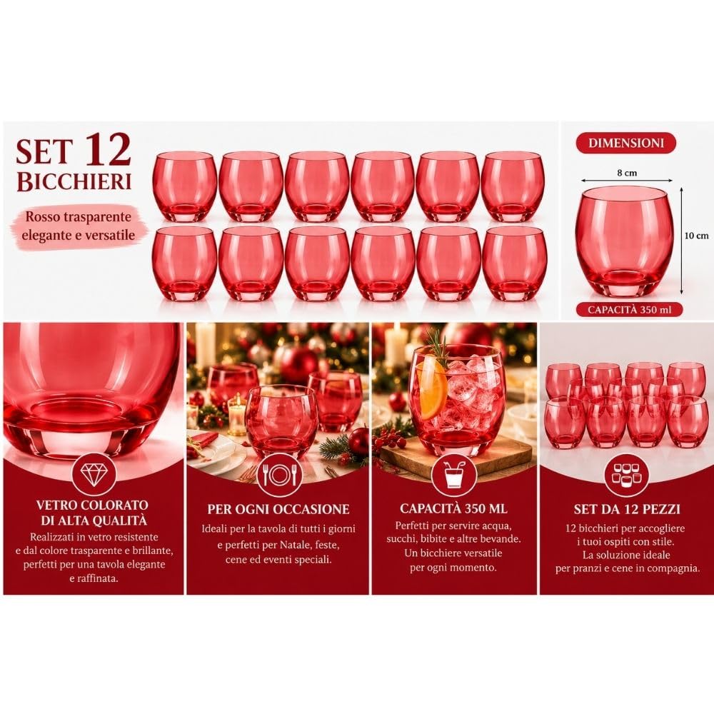 Cecaro Group Set 12 Bicchieri Rossi Vetro 350 ml Lisci