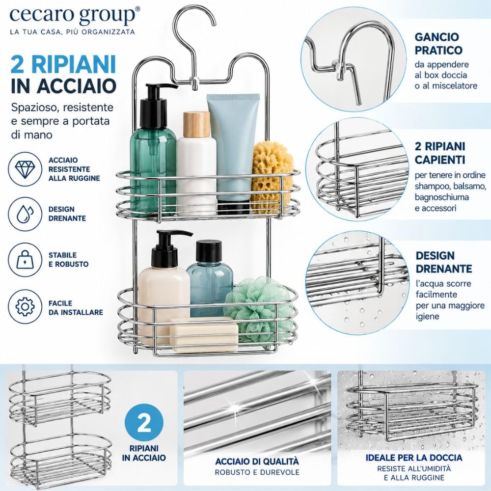 Cecaro Group Portaoggetti Doccia Acciaio 35x17 cm 2 Ripiani