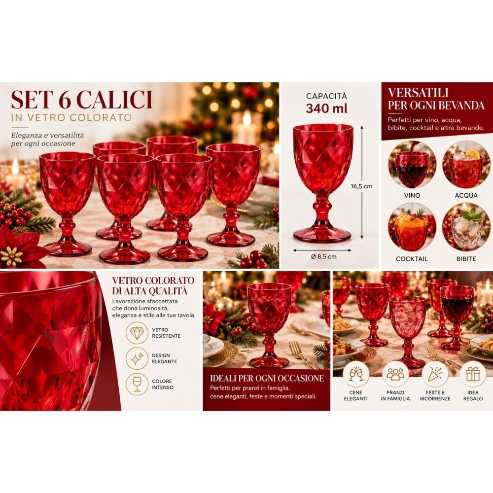 Cecaro Group Linea Diamante Bicchieri Rossi Vetro Set 18 Pezzi