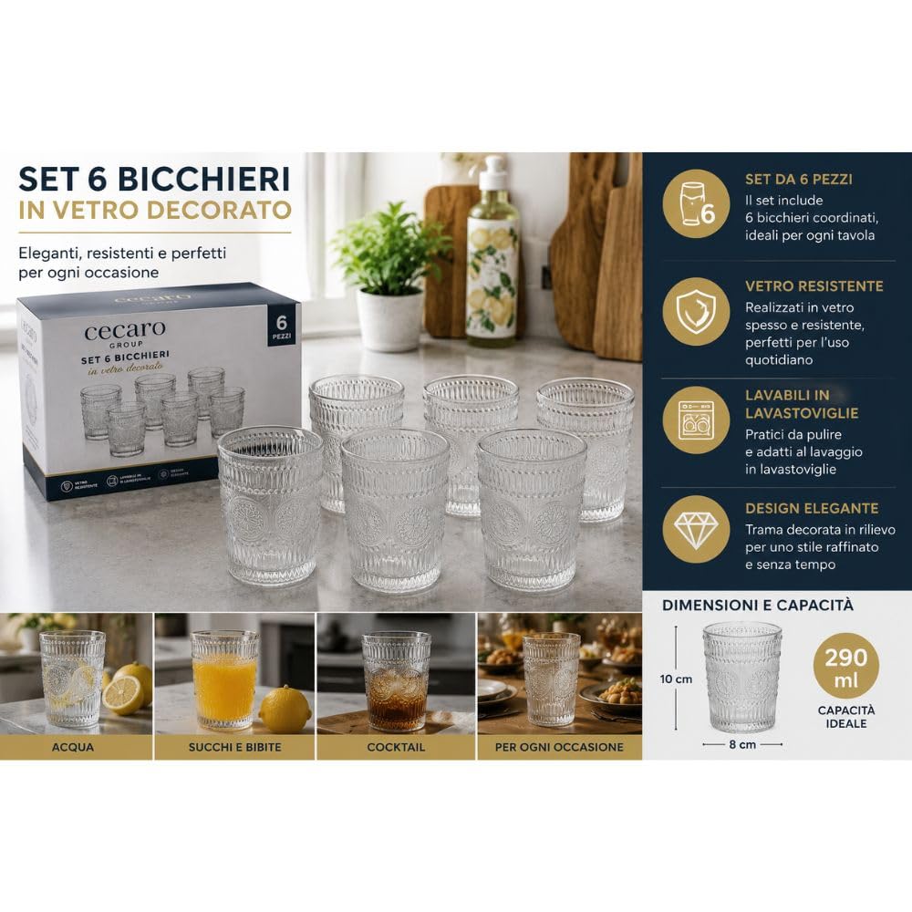 Cecaro Group Set 6 Bicchieri Vetro 290 ml Trama Rilievo