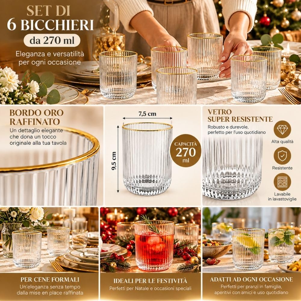 Cecaro Group Set 6 Bicchieri Bordo Oro 270 ml Vetro Rigato