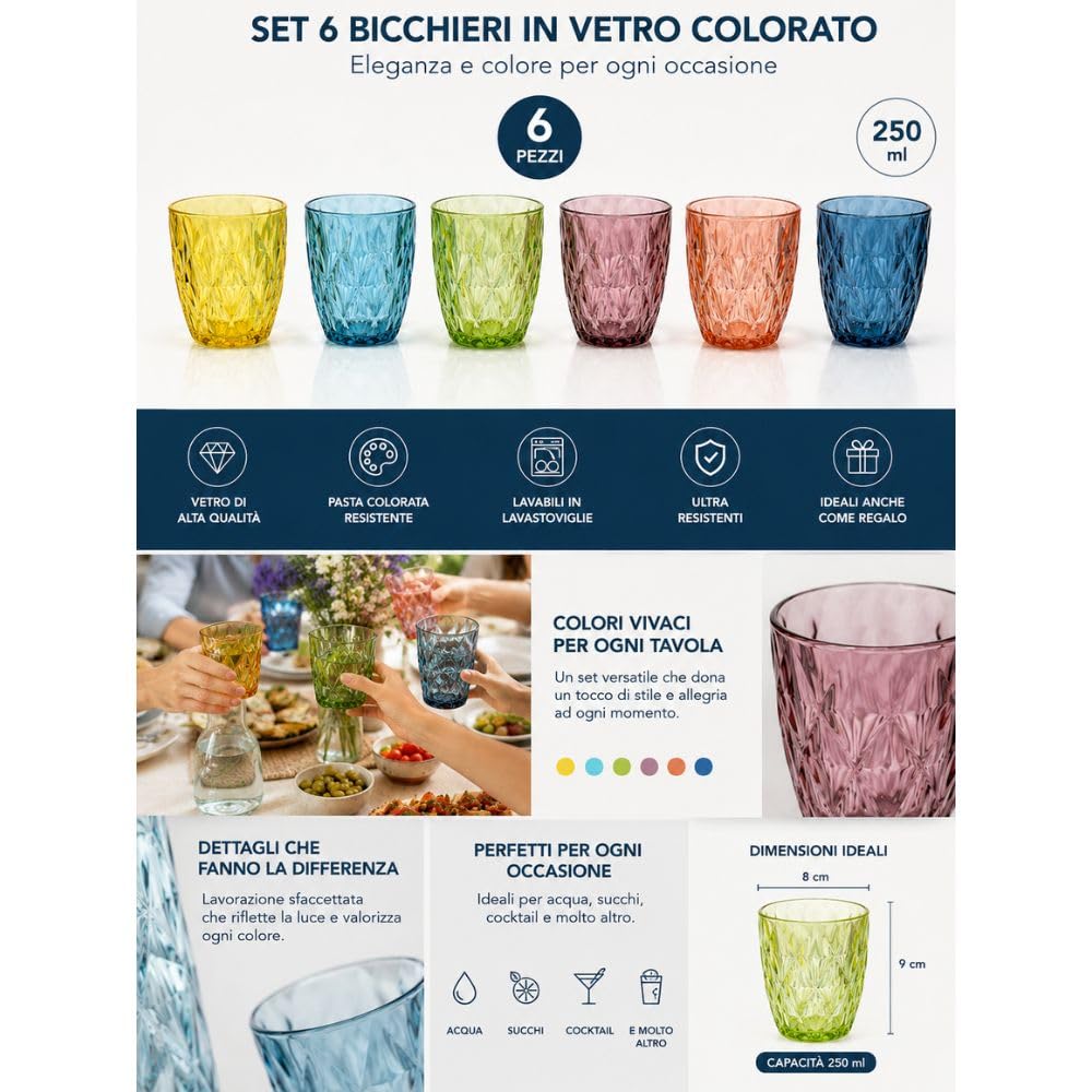 Cecaro Group Diamante Set 6 bicchieri 250 ml colorati