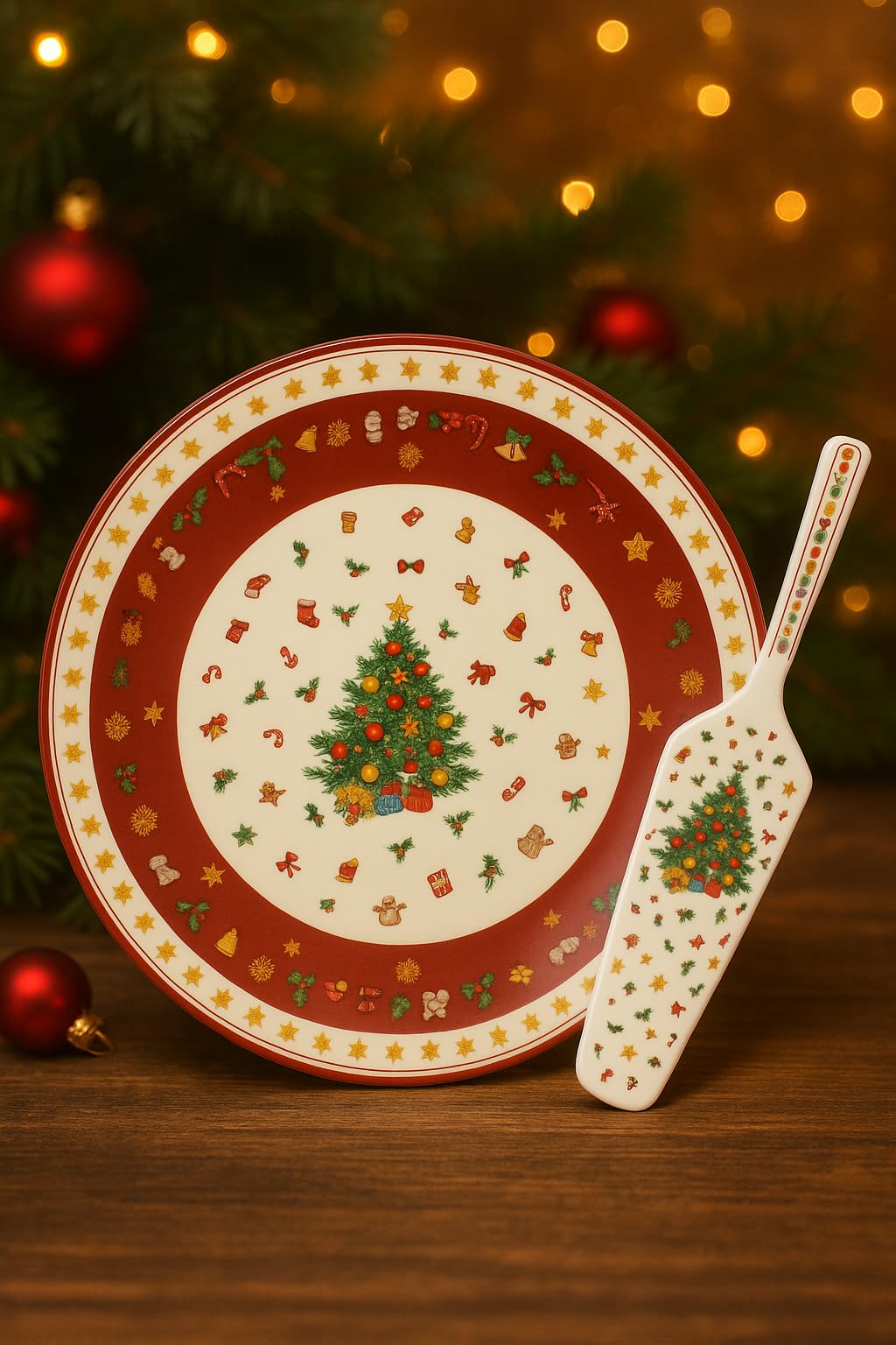 Cecaro piatto porta panettone ceramica natalizio con paletta