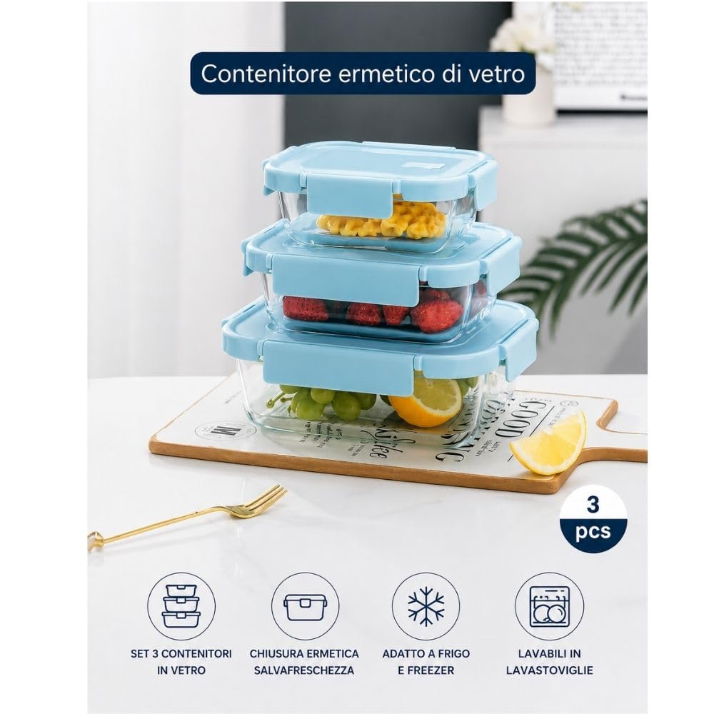 Cecaro Group Set 3 Contenitori Vetro Ermetici Rettangolari Clip