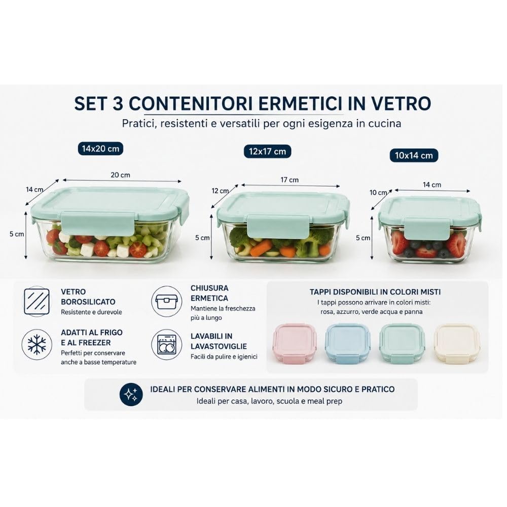 Cecaro Group Set 3 Contenitori Vetro Ermetici Rettangolari Clip