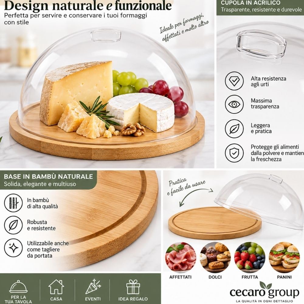 Cecaro Group formaggiera bambù 24 cm con cupola acrilico