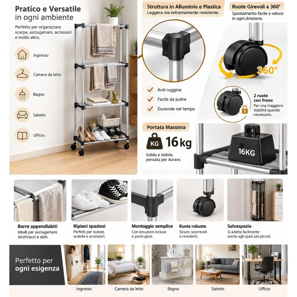Cecaro Group Porta Asciugamani 3 Piani con Ruote 16 kg
