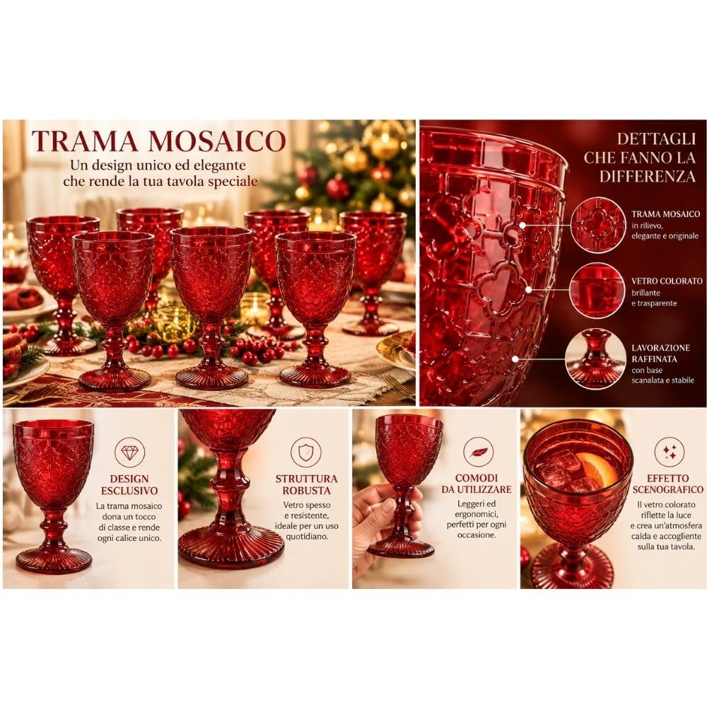 Cecaro Group Mosaico Calici Rossi Vetro 350 ml Set 12 Pezzi