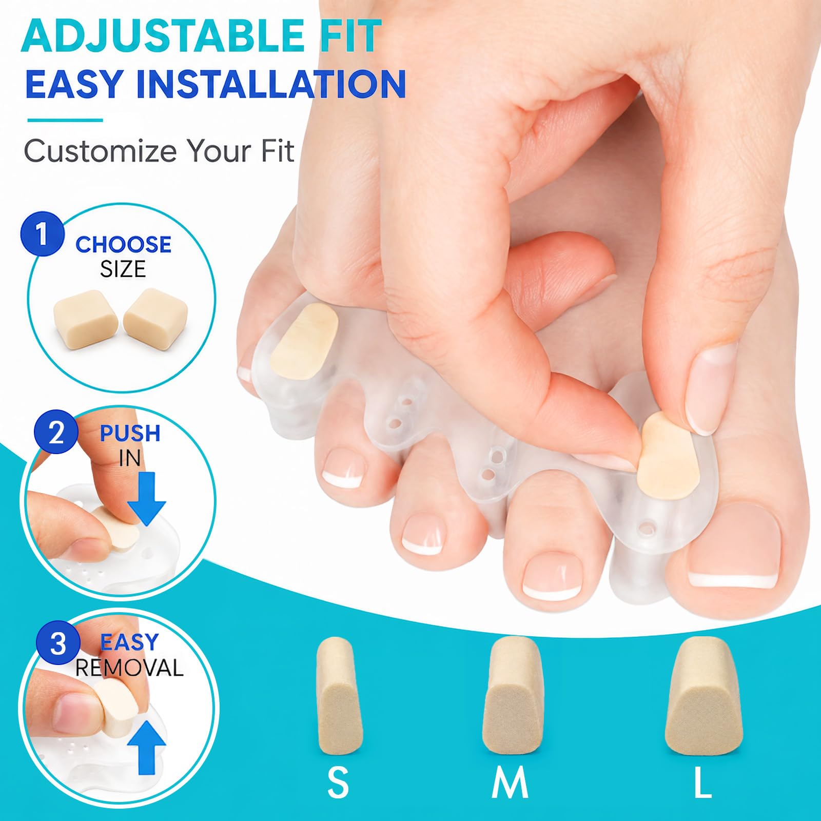 Quelcc Separatori Dita Piedi Silicone 4 Pezzi con Inserti S M L