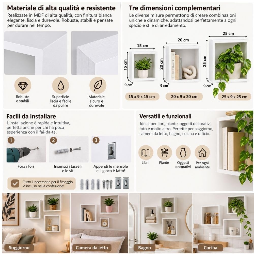 Cecaro Group set 3 mensole cubo bianche MDF decorative