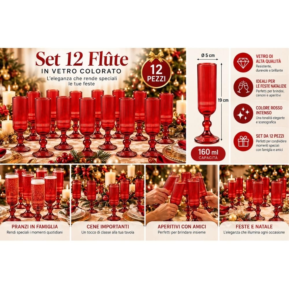 Cecaro Group Rossi Rigati Flute Vetro 160 ml Set 12 Pezzi