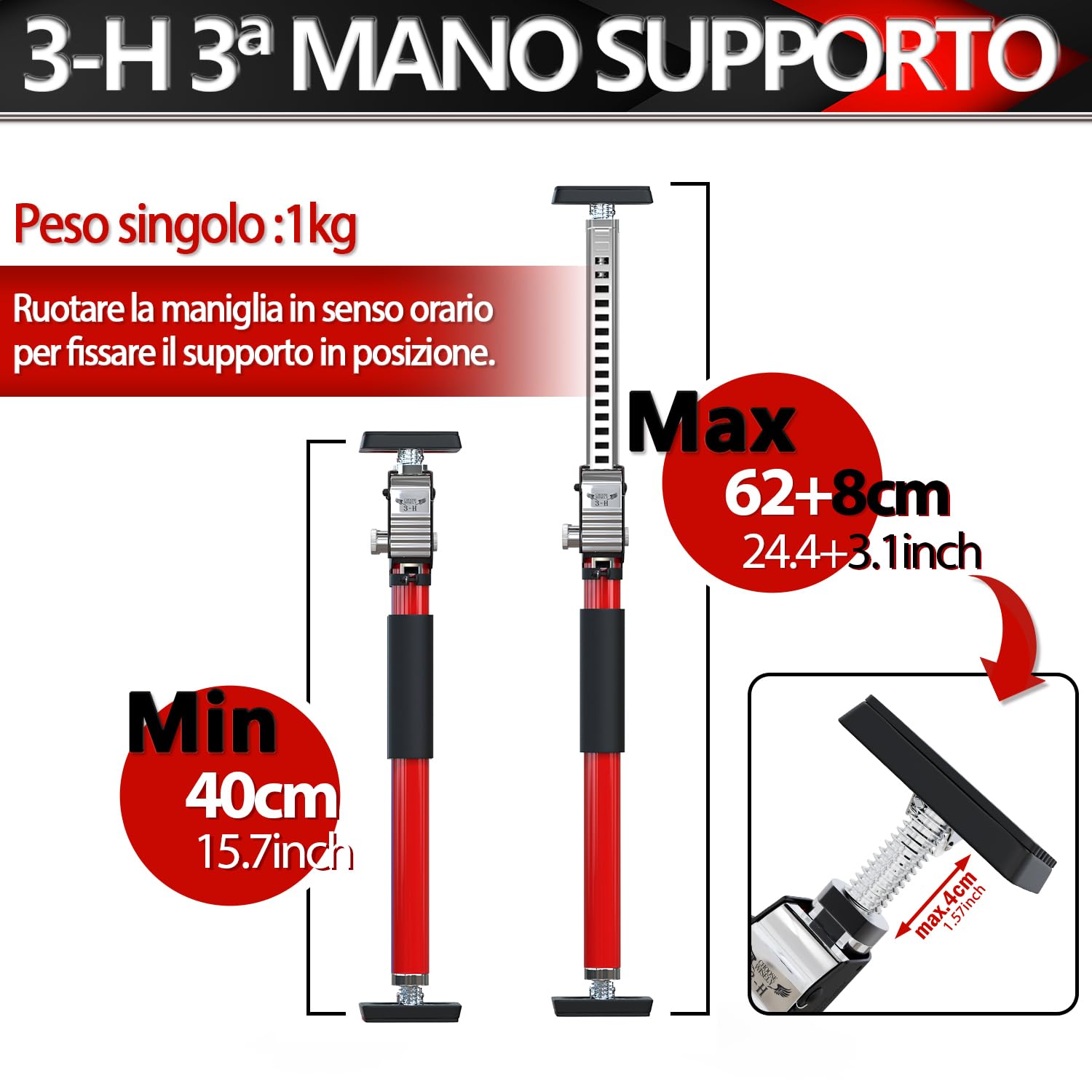 3-H Puntello Telescopico 40-70 cm 4 pezzi rosso 50 kg