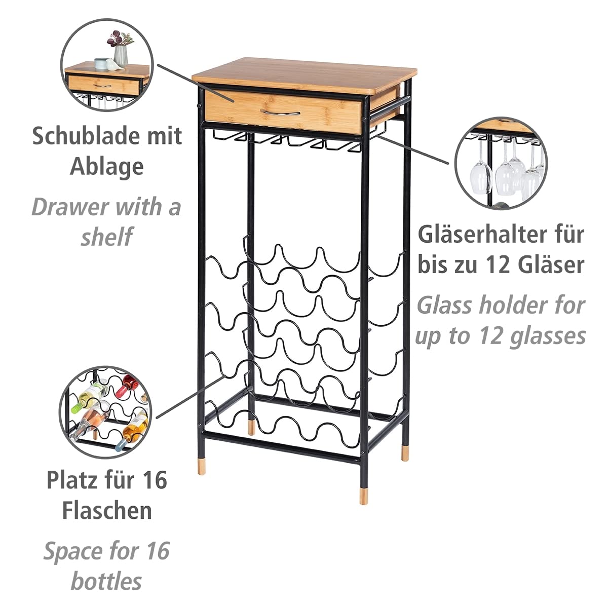 Wenko Loft portabottiglie 16 bottiglie bambù con bicchieri