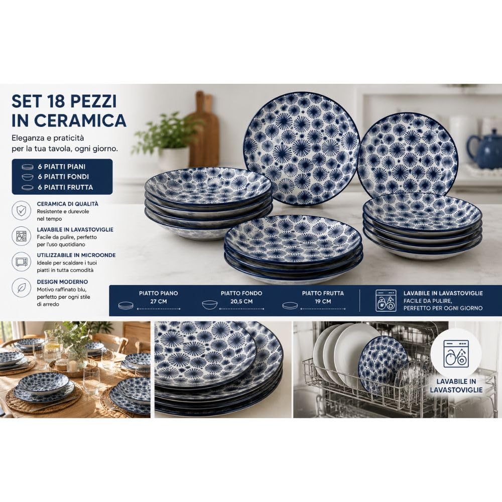 Cecaro Group Servizio Piatti 18 Pezzi Ceramica Blu 6 Persone