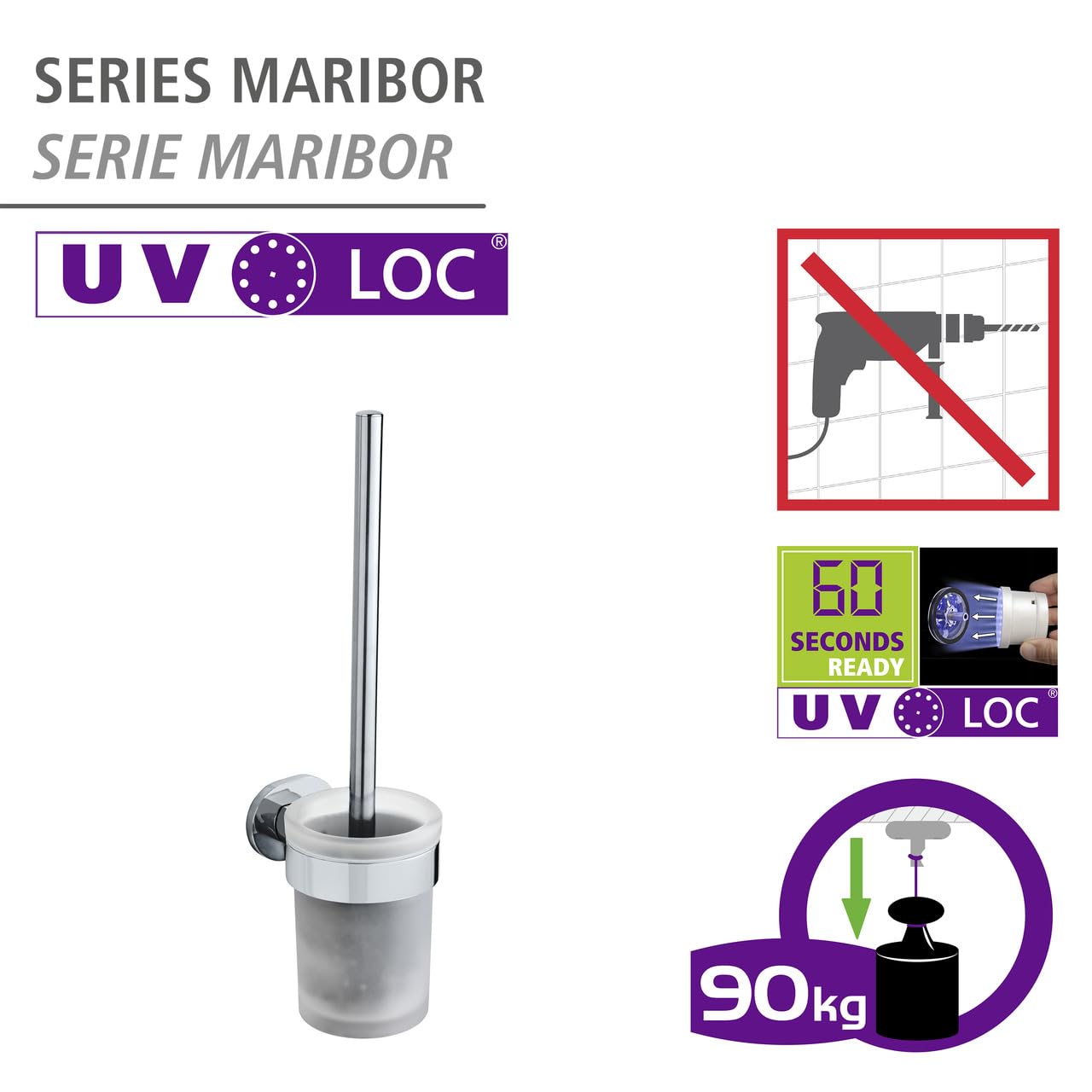 Wenko Maribor 25047100 Scopino WC Cromato Vetro Senza Fori
