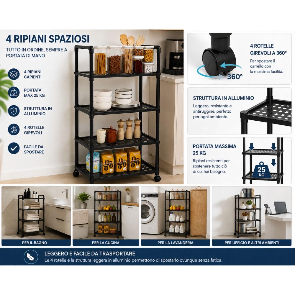 Cecaro Group Carrello Multiuso 4 Ripiani Nero 25 kg