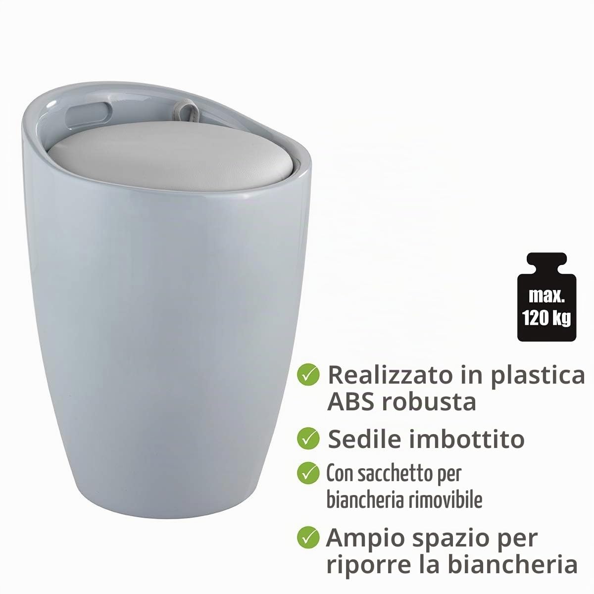 Wenko Candy sgabello portabiancheria grigio 20 litri imbottito