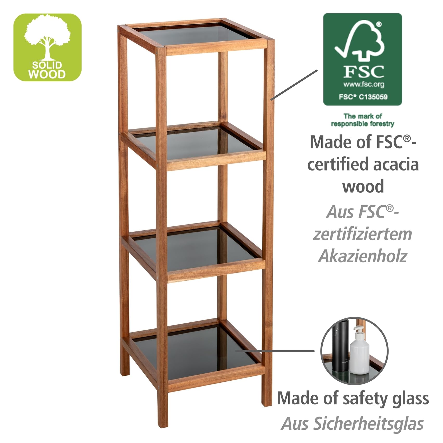 Wenko Fondi scaffale bagno 4 ripiani acacia vetro 36x112x36 cm