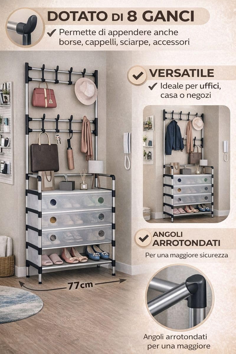 Cecaro Group Appendiabiti 8 Ganci con Scarpiera 77x35x168