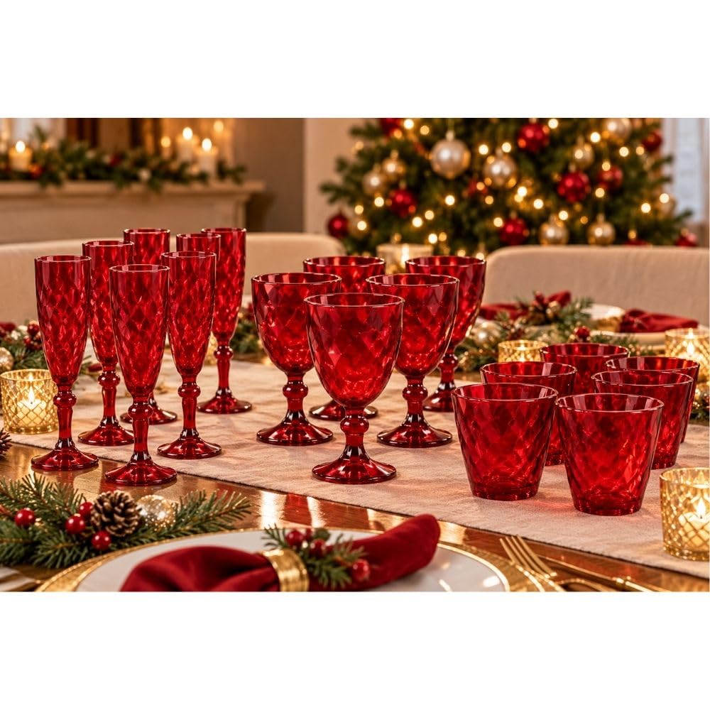 Cecaro Group Linea Diamante Bicchieri Rossi Vetro Set 18 Pezzi