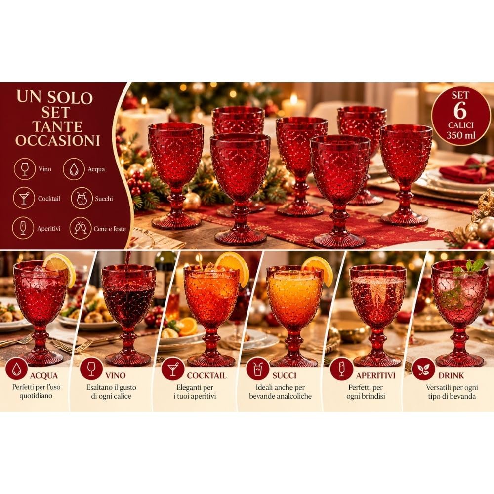 Cecaro Group Mosaico Calici Rossi Vetro 350 ml Set 12 Pezzi