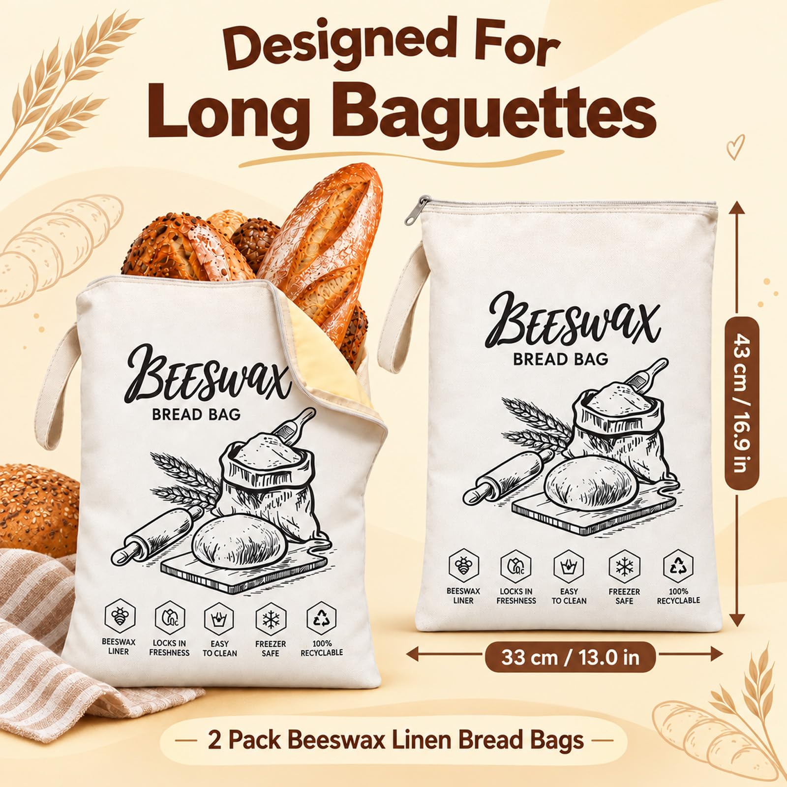 Quelcc Sacchetti Pane Cera Api 2 Pezzi 32x43 cm
