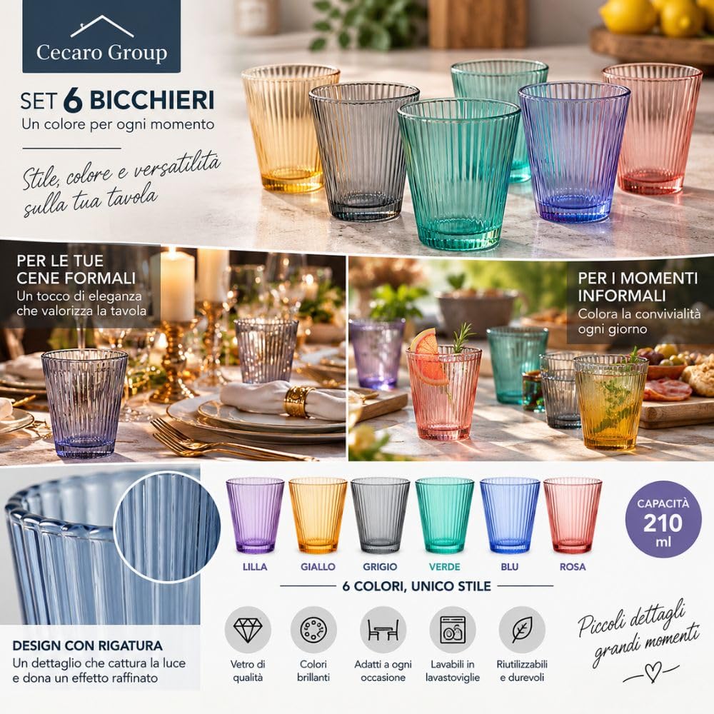 Cecaro Group Serie Color set 6 bicchieri vetro 210 ml rigati