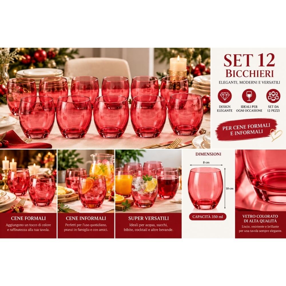 Cecaro Group Set 12 Bicchieri Rossi Vetro 350 ml Lisci