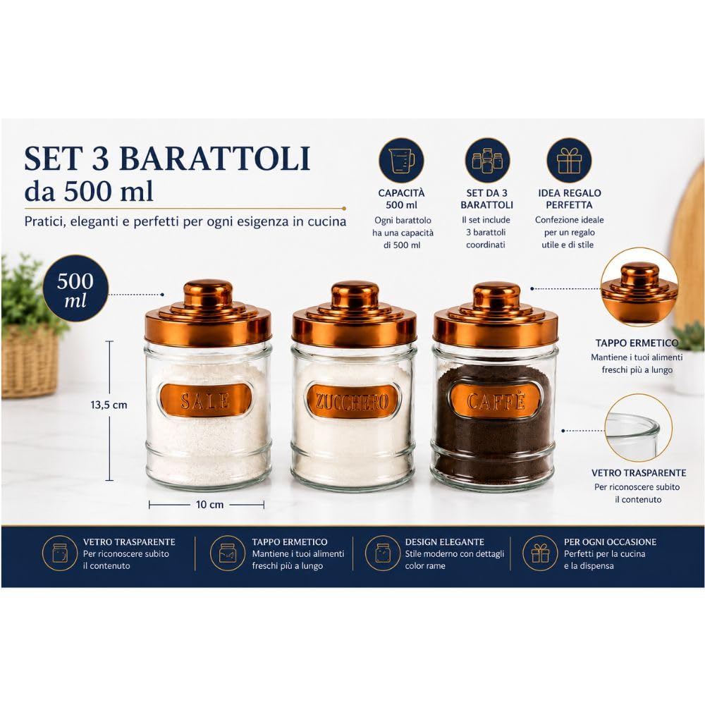 Cecaro Group Set 3 Barattoli Vetro 500 ml Tappi Rame