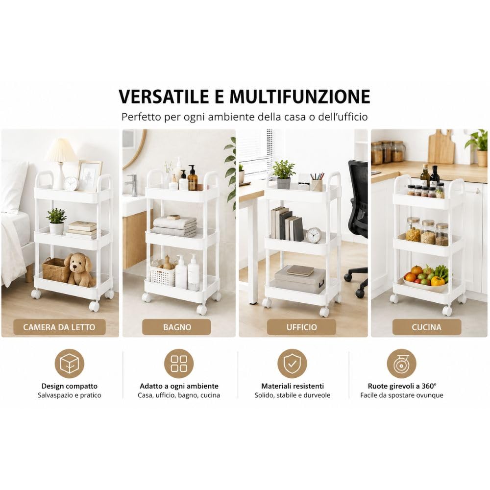 Cecaro Group carrello 3 ripiani con ruote nero bianco salvaspazio