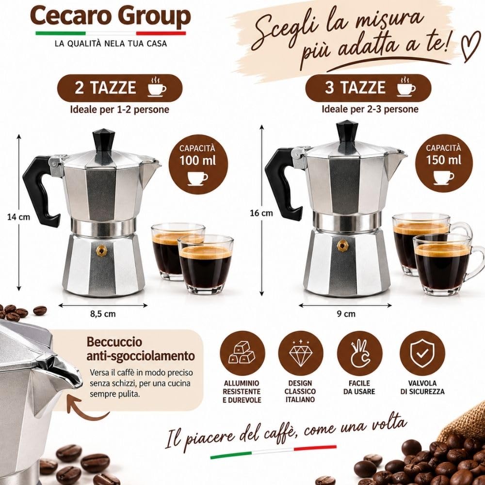 Cecaro Group Moka Alluminio Gas 2-3 Tazze Antigoccia