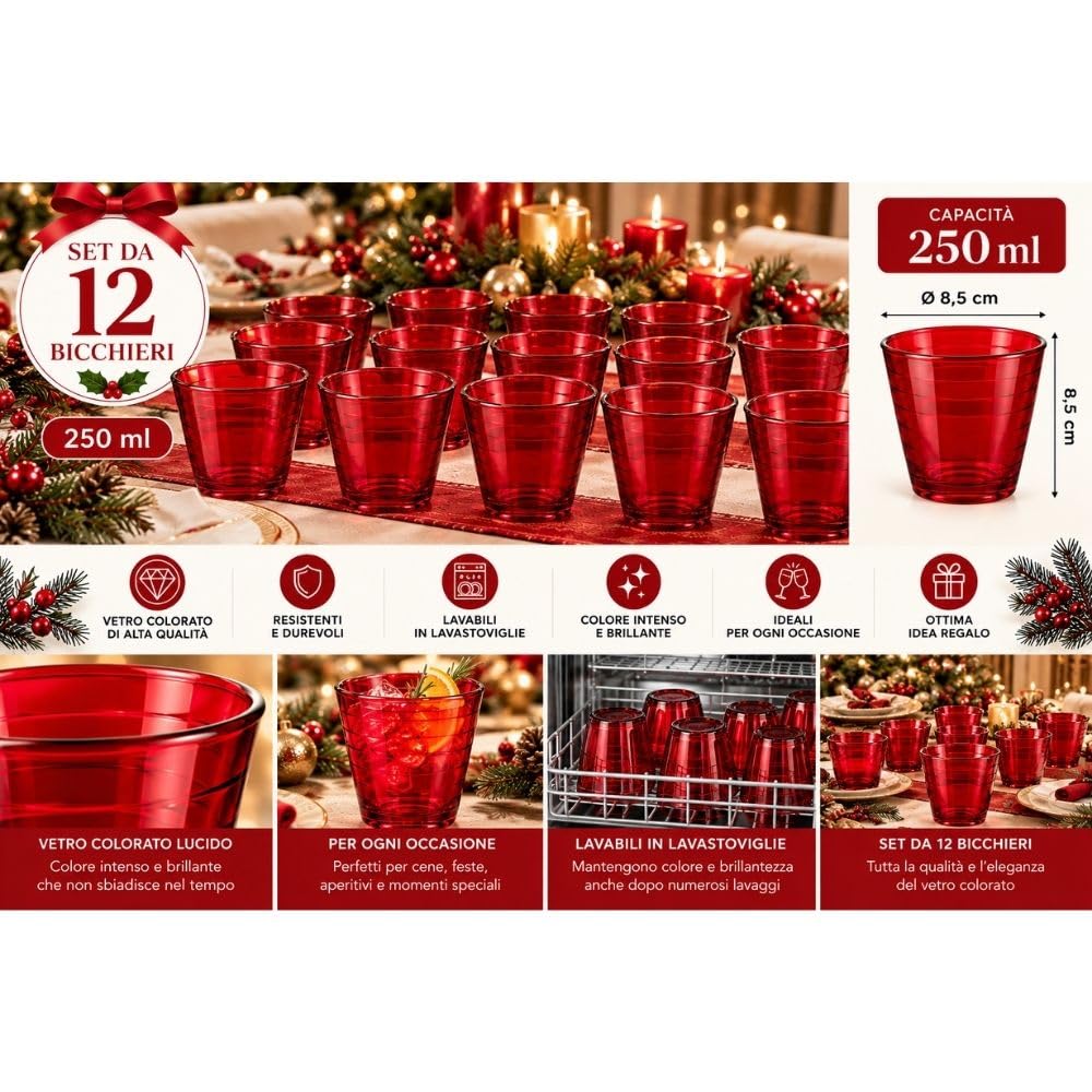 Cecaro Group set bicchieri rossi vetro 250 ml 12 pezzi linee