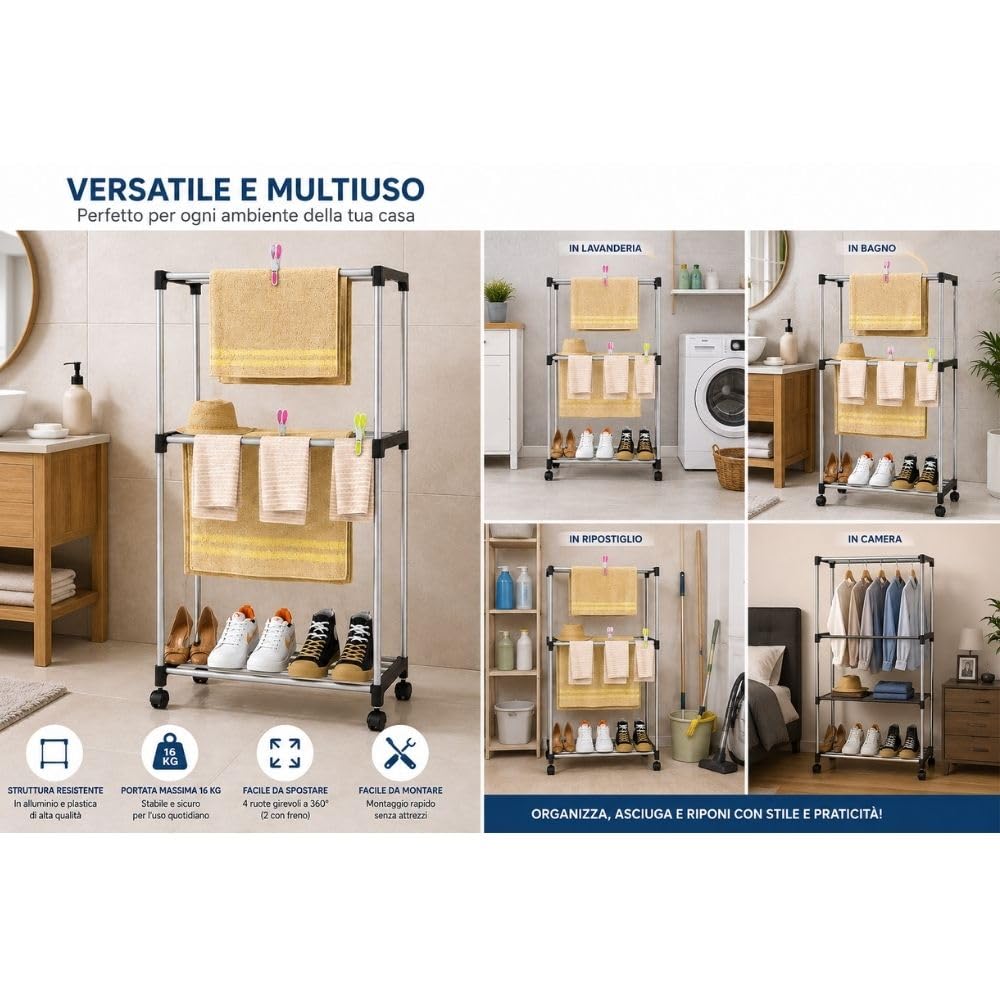 Cecaro Group Porta Asciugamani 3 Piani con Ruote 16 kg