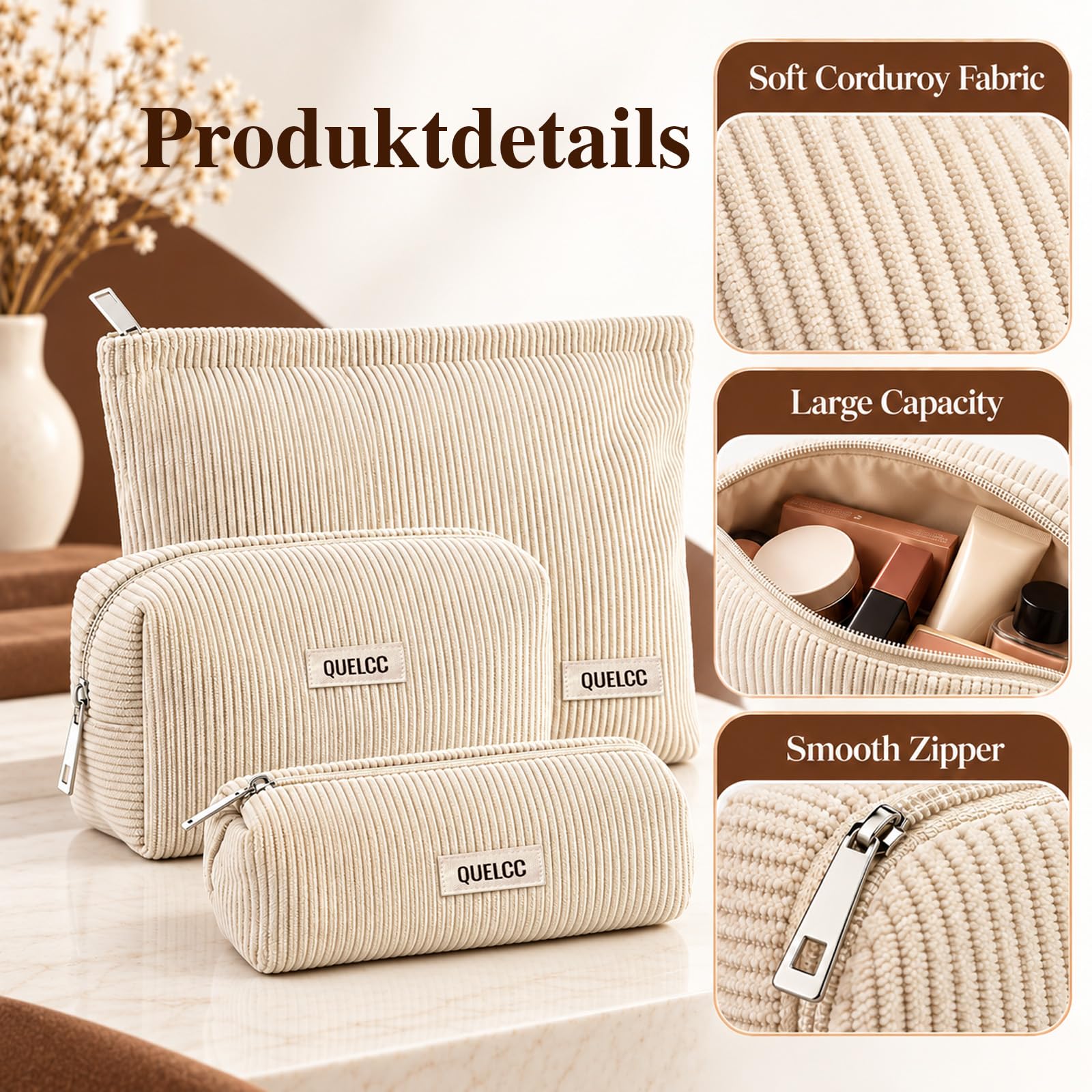 Quelcc Beauty Case Donna 3 Pezzi Beige con Cerniera