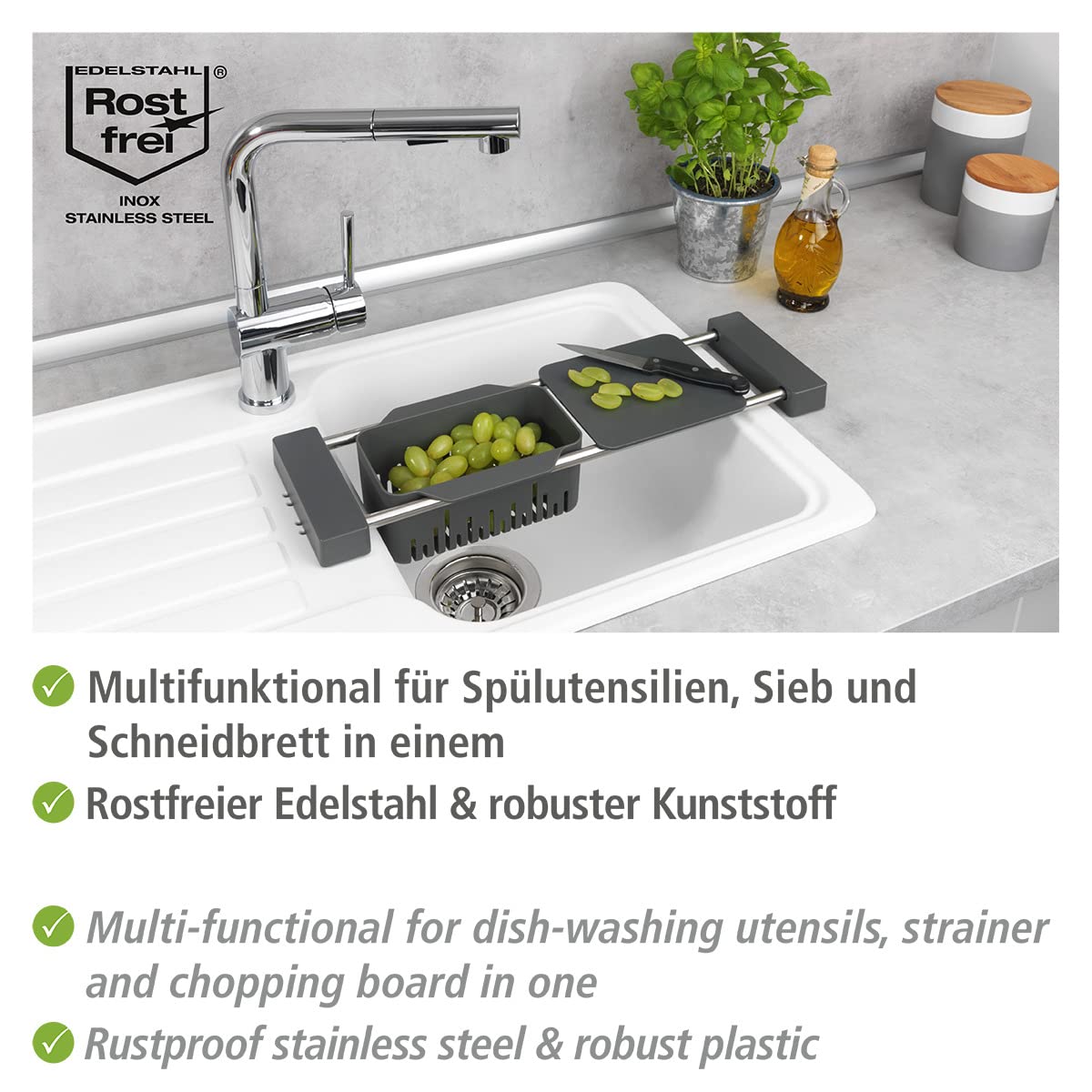 Wenko Caddy Scolapiatti Lavello Grigio 43,5-77,5 cm