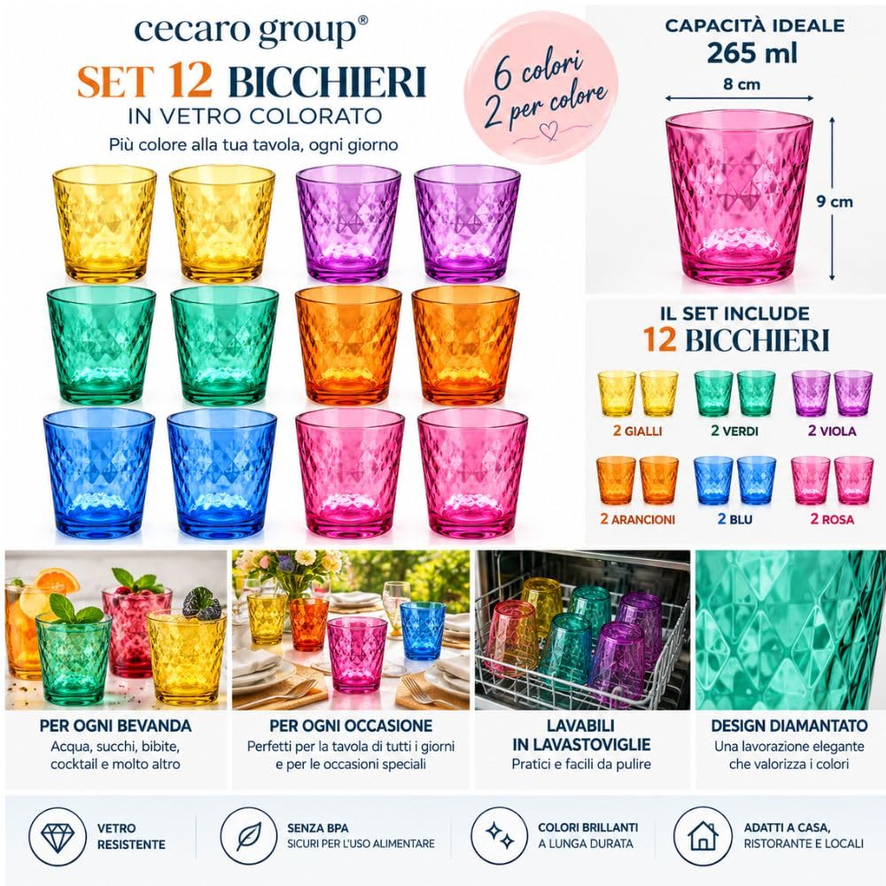 Cecaro Group 12 Bicchieri Colorati 265 ml Vetro Diamantato