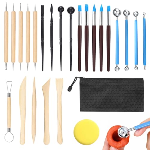 Quelcc Set 25 Attrezzi Argilla Modellismo con Borsa Acciaio Legno
