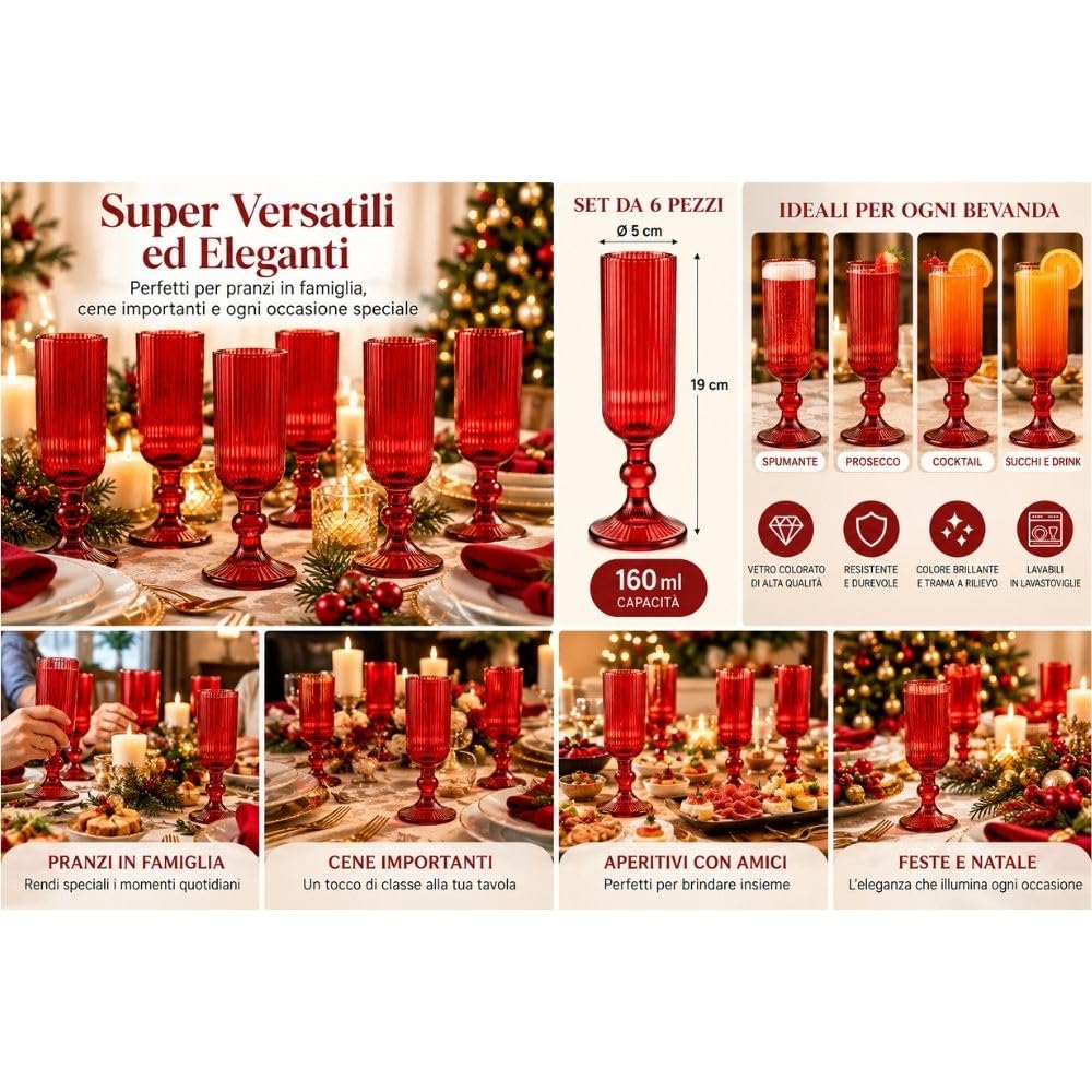 Cecaro Group Rossi Rigati Flute Vetro 160 ml Set 12 Pezzi