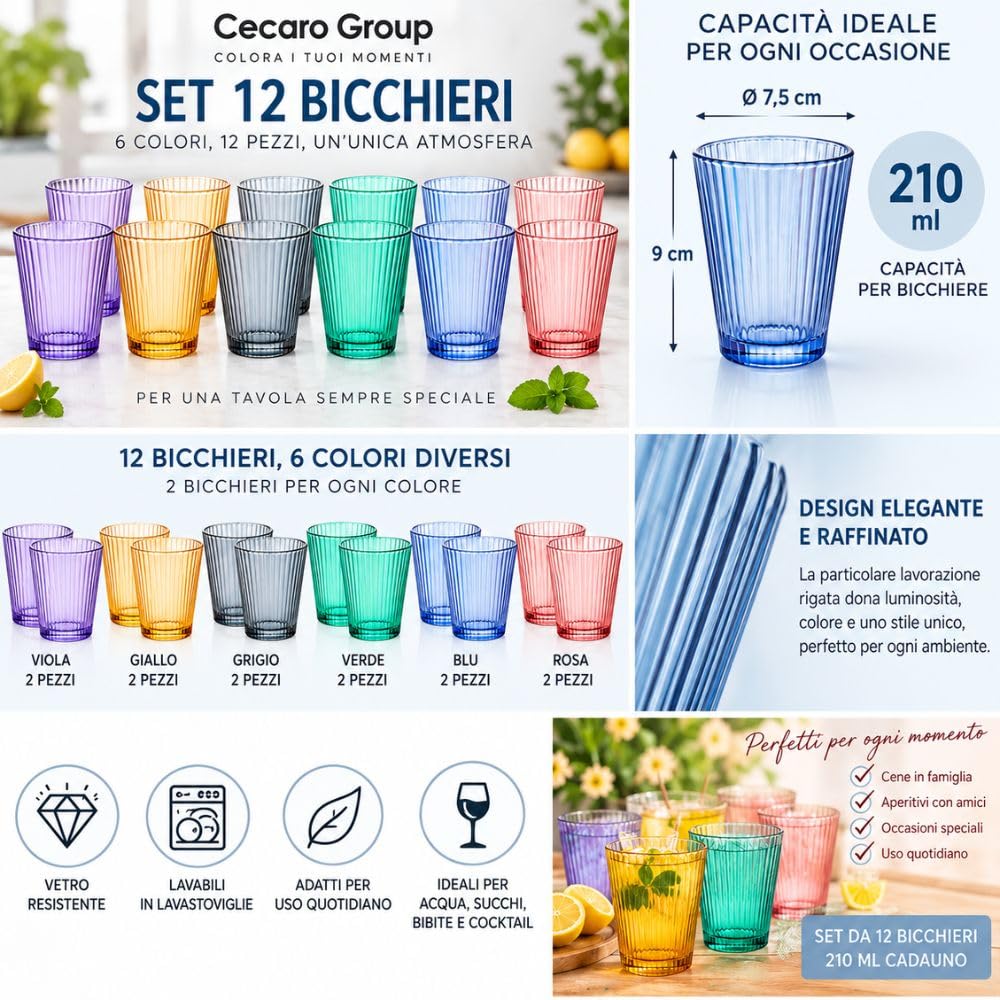 Cecaro Group Serie Color set 12 bicchieri vetro 210 ml rigati