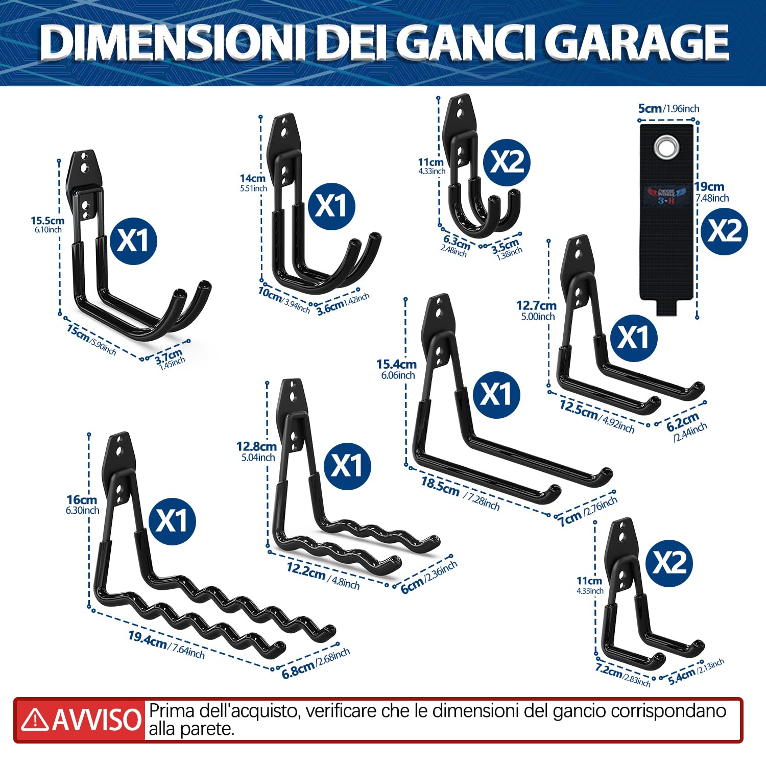 3-H Ganci da Garage Resistenti Ganci Parete 12 Pezzi 42 kg