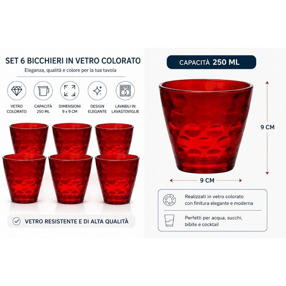 Cecaro Group Set 6 Bicchieri Rossi 250 ml Vetro Natalizi