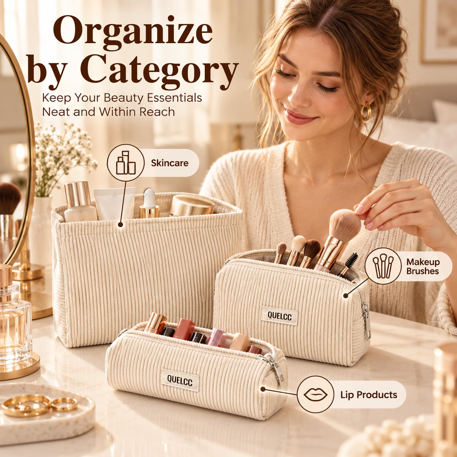 Quelcc Beauty Case Donna 3 Pezzi Beige con Cerniera