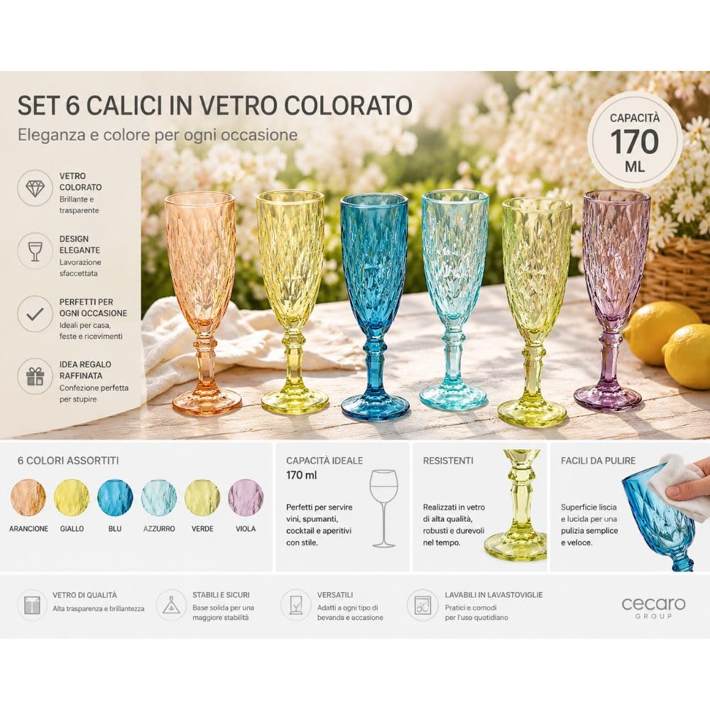 Cecaro set 6 flute vetro colorato 170 ml diamante