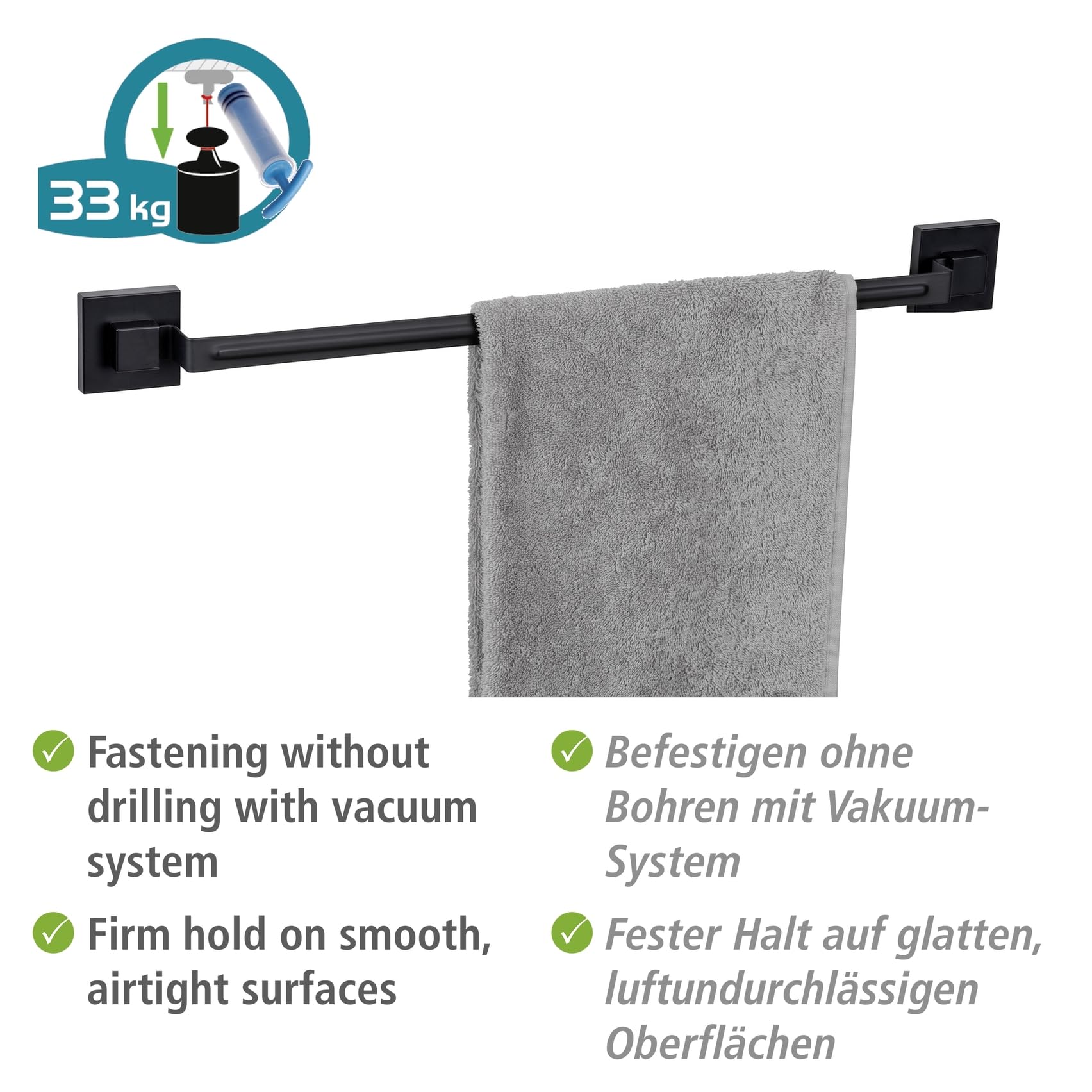 Wenko Vacuum-Loc Quadro Portasciugamani 60 cm Nero Acciaio
