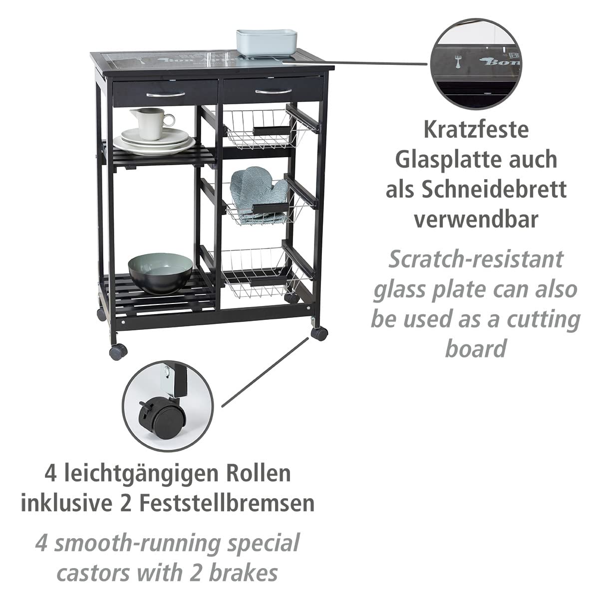 Wenko Bon Appetit Carrello Cucina nero 67x86,5x35 cm