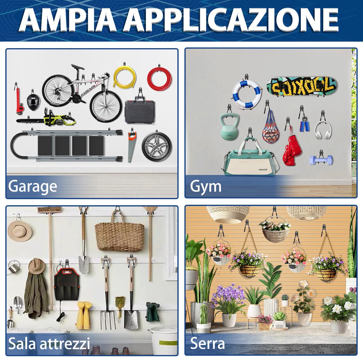 3-H Ganci da Garage Resistenti Ganci Parete 12 Pezzi 42 kg